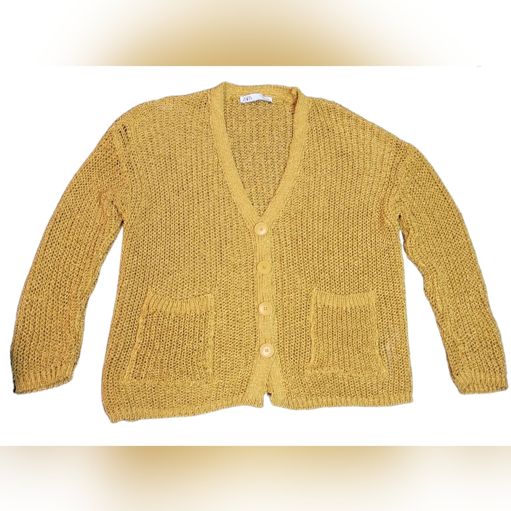 Zara Women's Oversized Gold Knit Button Up Cardigan Sweater Size Small
